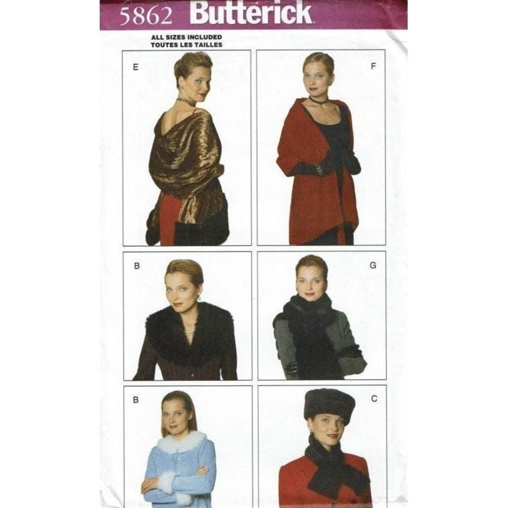 Butterick Sewing Pattern 5862 Hat Shawls Collars Boa Evening Wardrobe Accessorie